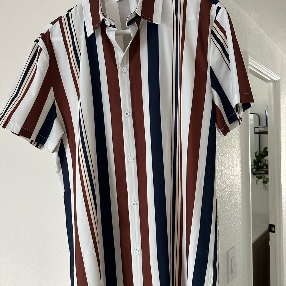 Striped Short Sleeve Shirt - White, Brown, and Blue